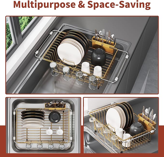 JASIWAY Gold Dish Drying Rack in Sink, Expandable Stainless Steel Dish Drainers for Kitchen Counter, Dish Dryer Rack for Inside Sink, Over The Sink Dish Racks with Utensil Holder