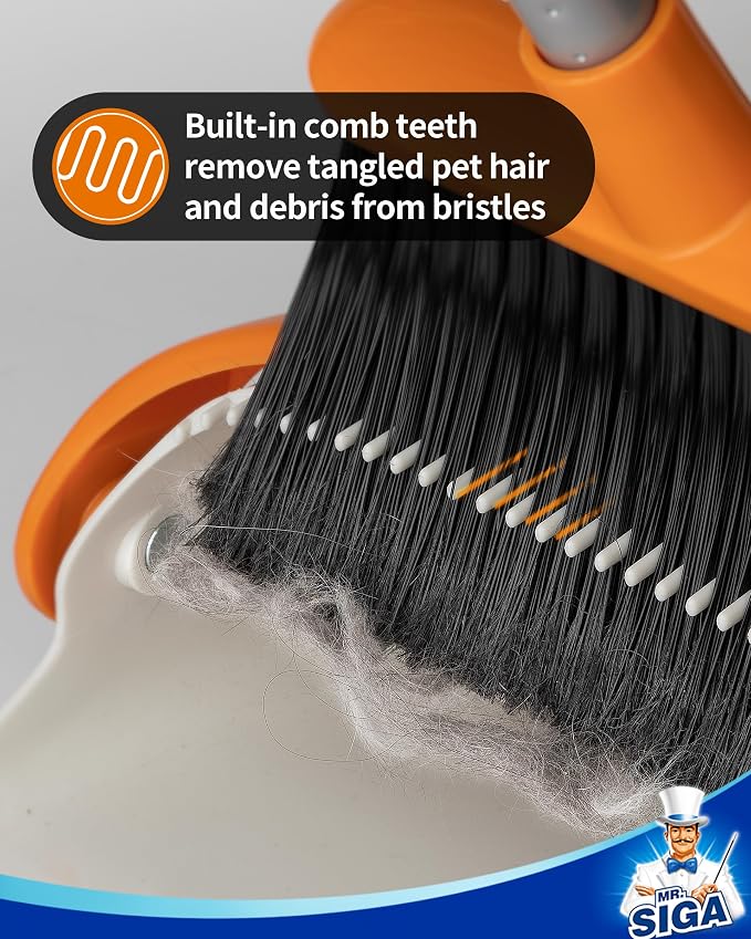 MR.SIGA Broom and Dustpan Set with Adjustable Long Handle, White & Orange | Stand upright broom with dustpan combo for home, office and garage easy sweeping and storage. 51.7"(131 cm) broom handle