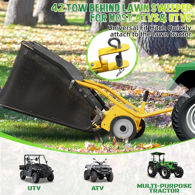 42" Lawn Sweeper Tow Behind, Pull Behind Lawn Sweeper with 18.55 cu. ft Large Hopper, Heavy Duty Leaf & Grass Collector, Adjustable Brush Height Lever and Dumping Rope, Lawn and Yard Cleanup Tool