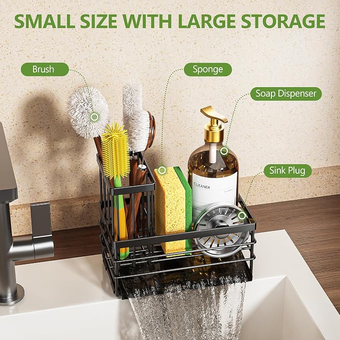 Cisily Sink Caddy Sponge Holder for Kitchen with Brush Holder and Stainless Steel Self Drain Tray, Rustproof Kitchen Sink Organizer for Sponge, Soap Dispenser Storage Accessories