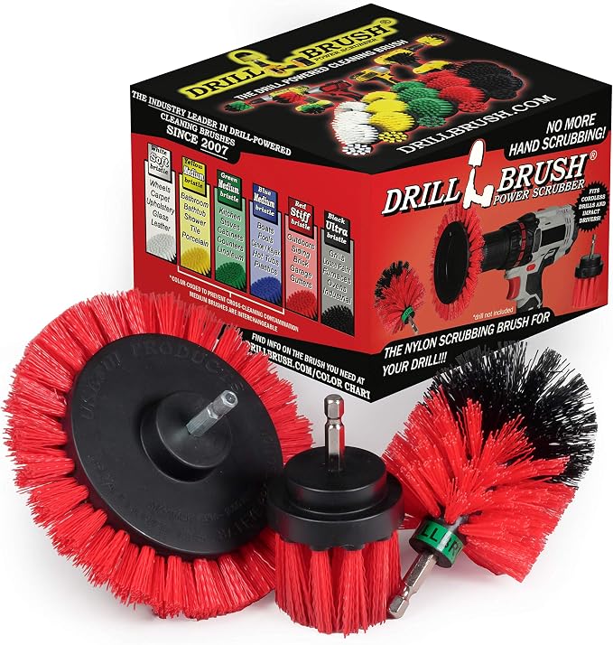 Deck Cleaning Brush Set - Brick and Stone Outdoor Scrubber Kit | Red Stiff 3 Piece Outdoor Power Scrubber Brush Kit - Garden Patio Scrubbing Tool - Concrete Scrubbing Tool Set