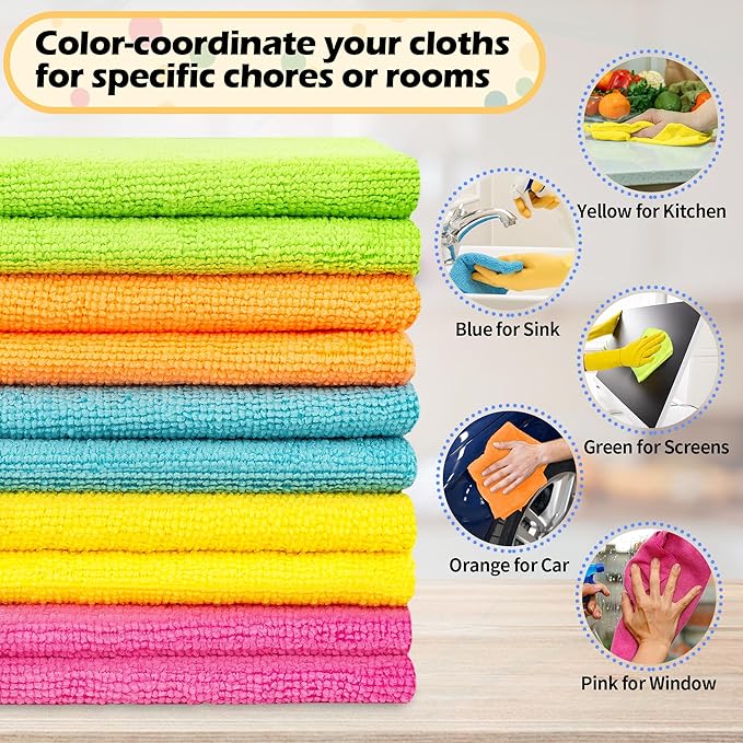 FIXSMITH Microfiber Cleaning Cloth, 50 Pack Cleaning Rags, Cleaning Towels for Housekeeping, Kitchen, Car, Lint-Free, Reusable Shop Towels with 5 Colors (Green/Blue/Yellow/Orange/Pink), 12"X12"