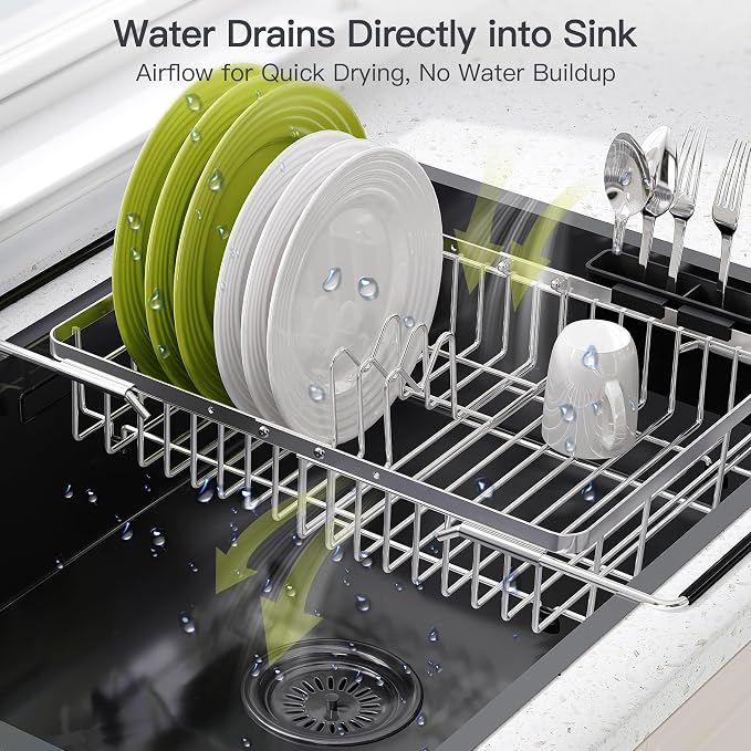 JASIWAY Expandable Stainless Steel Dish Drying Rack Over The Sink For Small Kitchen, Counter Space Saving Compact Plate Drainer Strainer, Adjustable Hanging Metal Dish Dryer Holder with Utensil Holder