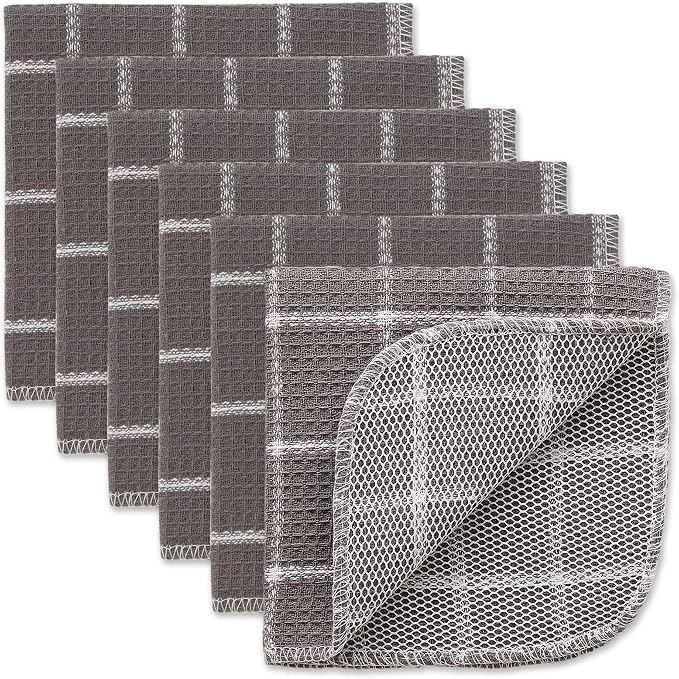 DII Scrubber Dishcloths Collection Windowpane Dishrag Set, 12x12, Gray/White, 6 Piece