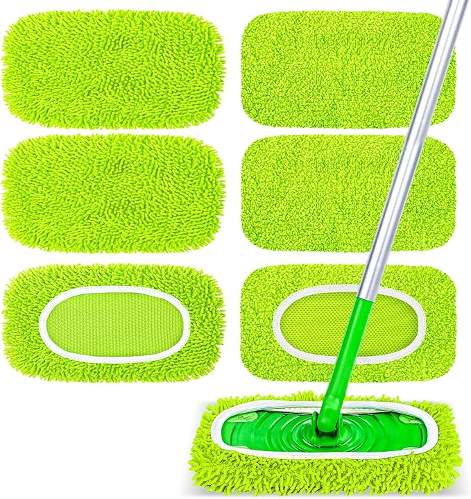 6-Pack Reusable Microfiber Mop Pads Compatible with Swiffer Sweeper, Dry & Wet Sweeping Cloths - Washable Wet Pads Refill for Multi-Surface/Hardwood Floor Cleaning -Fluorescent Green