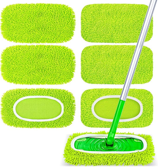 6-Pack Reusable Microfiber Mop Pads Compatible with Swiffer Sweeper, Dry & Wet Sweeping Cloths - Washable Wet Pads Refill for Multi-Surface/Hardwood Floor Cleaning -Fluorescent Green
