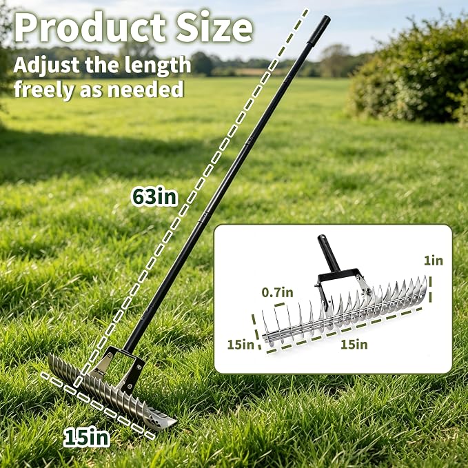 Dethatcher Rake 15-Inch Lawn Thatching Rake,19-Tine Heavy-Duty Steel Dethatching Rake with Adjustable Head&Long Handle,Durable Thatch Rake for Removing Dead Grass,Moss&Lawn Debris