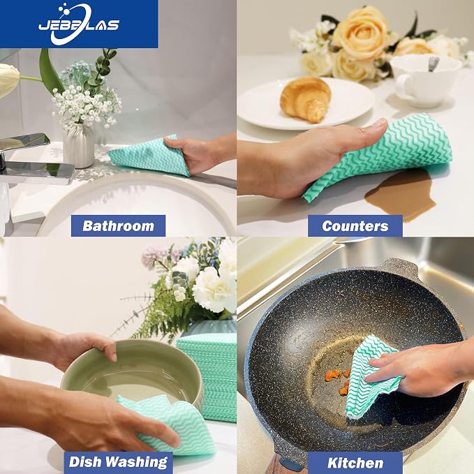 JEBBLAS 100Pack Reusable Cleaning Cloths 11.8‘’x11.8‘’ Handi Wipes Reusable Cloths Dry Cleaning Cloths Dish Towel Dish Cloths for Kitchen, Green
