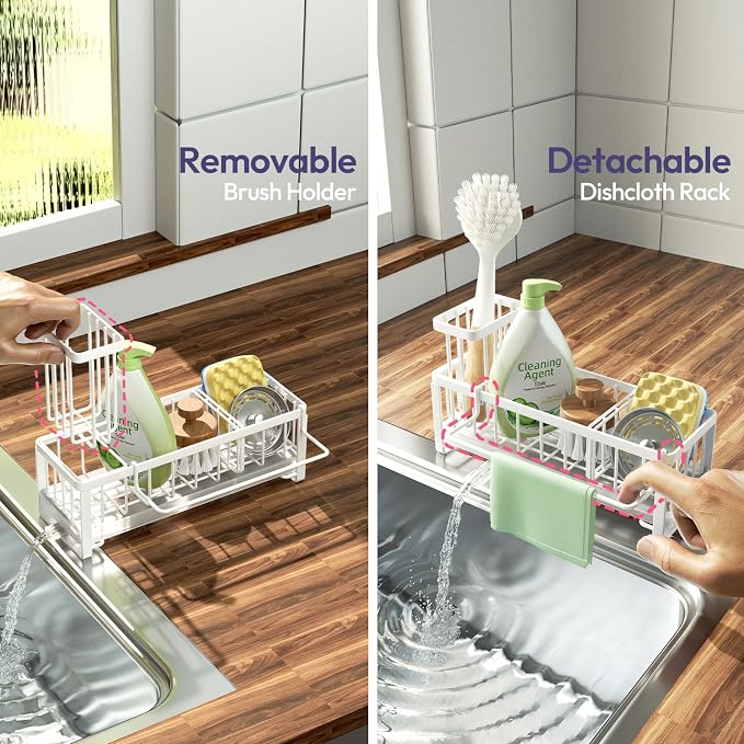 SWTYMIKI Sponge Holder for Kitchen Sink - Sink Caddy with Brush Holder Self-draining Sponge Caddy Organizer with Divider Stainless Steel Kitchen Accessories Storage for Countertop, White
