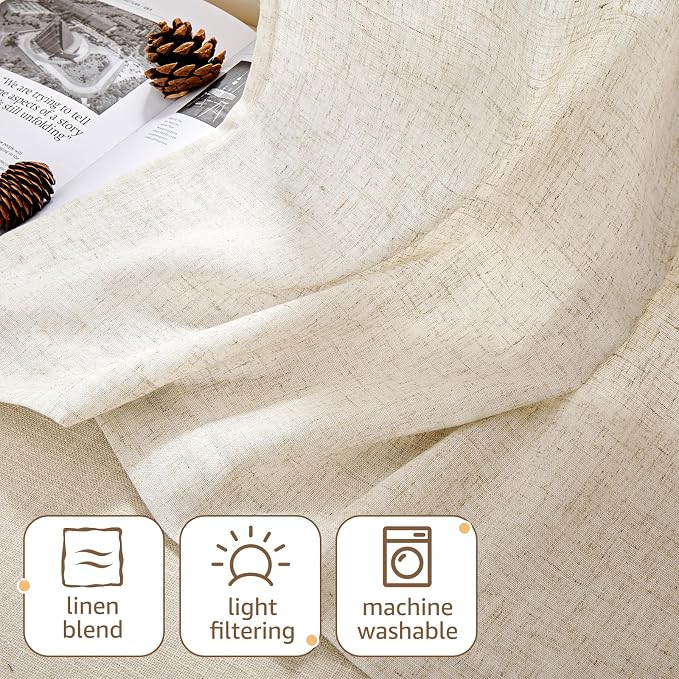 jinchan Linen Tier Curtains, Tab Top, 26x24, 2 Panels, Natural | Light filtering, linen blend, farmhouse style, rustic decor, cafe curtain, kitchen, bathroom, laundry room, RV, small windows