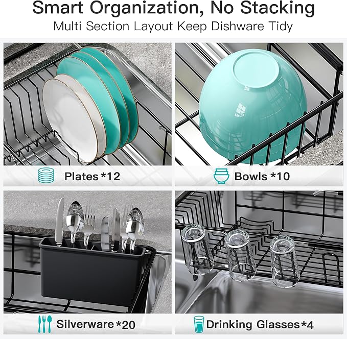 JASIWAY Black Sink Dish Drying Rack with Drainboard, Expandable Stainless Steel Dish Drainers for Kitchen Counter, Space Saving Dish Dryer Rack, Over The Sink Dish Racks with Utensil Holder