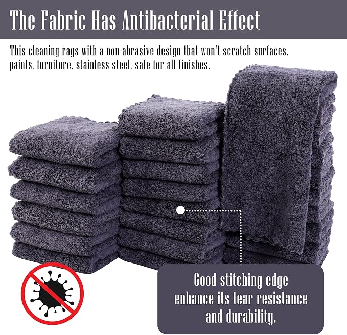 Sunny zzzZZ 24 Pack Kitchen Dishcloths - Does Not Shed Fluff - Reusable Dish Towels, Dish Cloths, Super Absorbent Coral Fleece Cleaning Cloths, Nonstick Oil Washable Fast Drying, 10 x 20 Inch (Grey)