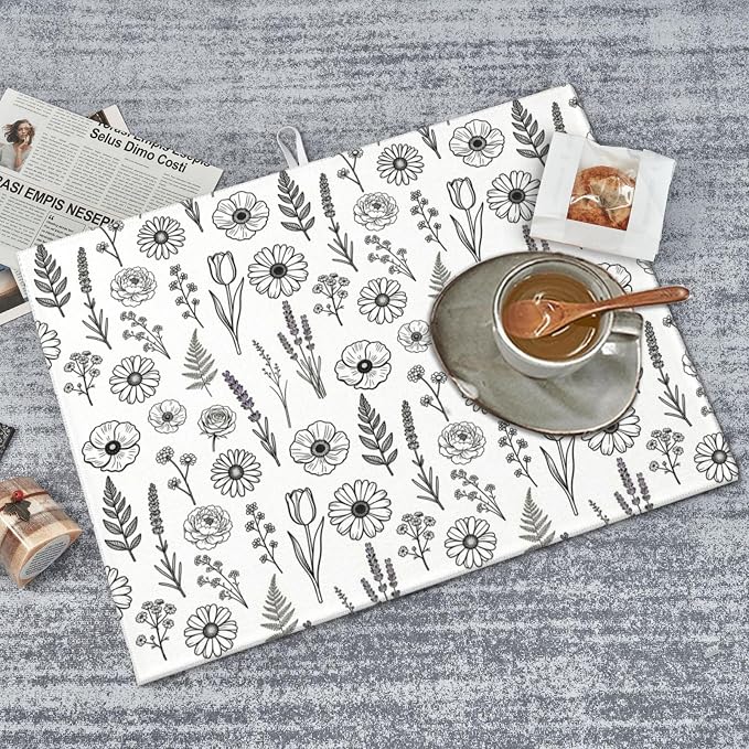 Black and White Floral Aesthetics Dish Drying Mat, for Kitchen Counter Microfiber Absorbent, Dish Draining Mat Extra Large 18"x24"