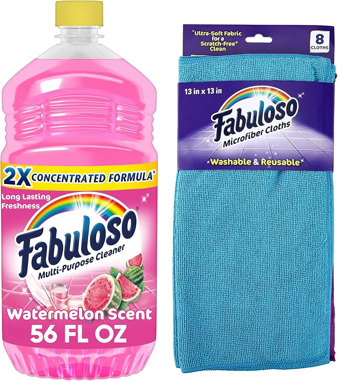 Fabuloso Multi-Purpose Cleaner & Floor Cleaner, 2X Concentrated, Watermelon Scent, 56 fluid ounces Microfiber Cleaning Cloths - Rainbow Colors