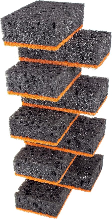 Black & Orange Multi Use Scrub Sponges. Made in Europe. 9 Pack, 4.3x2.8x1.4 inches. Heavy Duty and Non Scratch Fiber. Odorless Durable and Delicate Scrubber. Halloween Edition