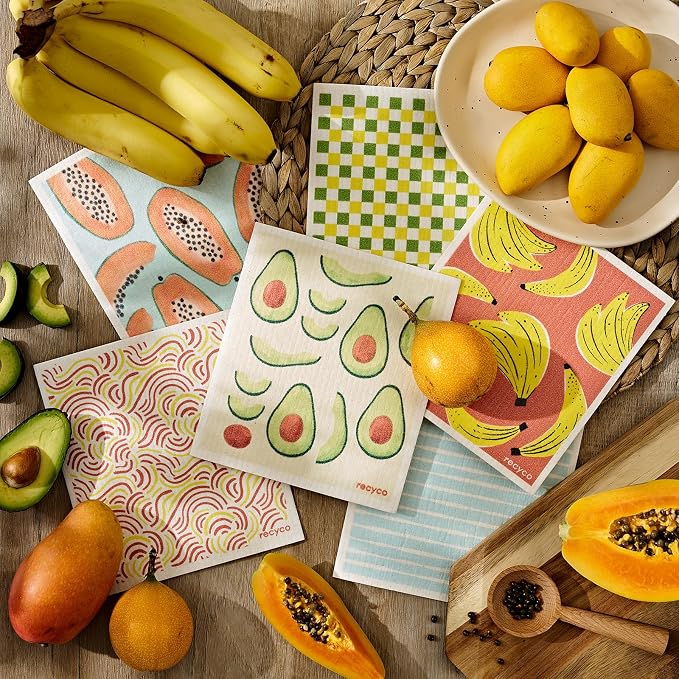 RECYCO Swedish Dishcloths for Kitchen | 6 Packs Fruit Joy Washable Dish Rags | Cellulose Reusable Cleaning Paper Towels | Absorbent Counter Dish Cloth Sponge Kitchen Wipes, 8" L x 7" W