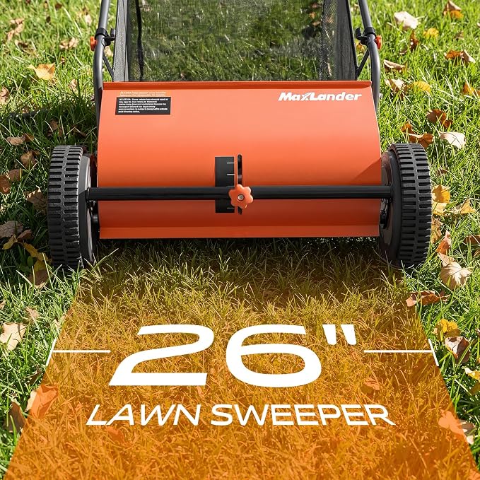 MAXLANDER 26" Lawn Sweeper for Leaves & Grass, Push Behind Yard Cleaner with 7 Cu.Ft. Hopper Bag, Adjustable Height Brushes & Smooth Rolling Rubber Wheels Grass Catchers
