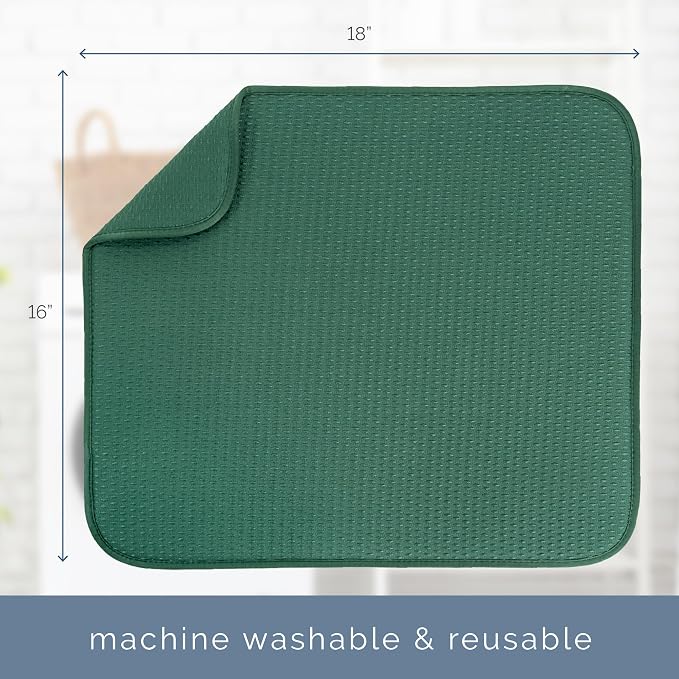 S&T INC. Dish Drying Mat, 16" x 18", Large, Diamond Texture, Green | Absorbent Microfiber, Kitchen Counter Mat for Dishes, Utensils, Pots and Pans, Machine Washable