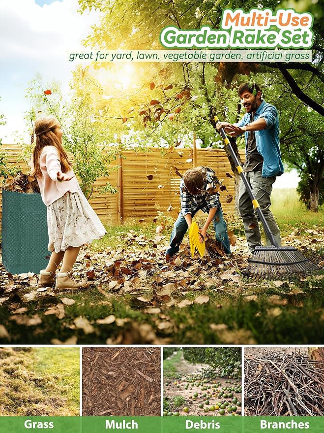 Garden Rake for Leaves Lawns, 3-in-1 Gardening Tools Set with 5 ft Metal Rake, Leaf Scoops Hand Claws, 32 Gallon Reusable Yard Waste Bag, Heavy Duty 25-Tine Rakes for Quick Pick Up, Clear n Collect