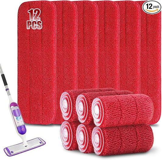 12Pack Microfiber Mop Pads,Reusable and Washable Spray Mop Pads, Red | 18x 6 Inch, Wet and Dry Household Mop Pad Replacement, Set of 12(Red)