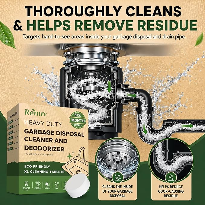 Renuv® Garbage Disposal Cleaner and Deodorizer Tablets, 6 XL Tablets | Foaming Citrus Scent, Drain Freshener, Kitchen Sink Odor Refresher For Garbage Disposer Cleaning
