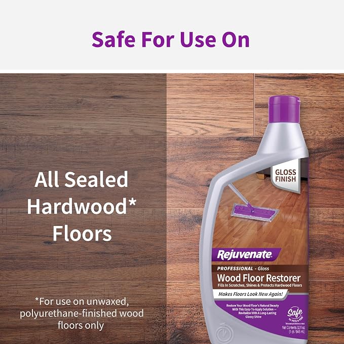 Rejuvenate Professional Wood Floor Restorer Fills Scratches, Shines And Protects Wood Flooring For A High Gloss Shine, 32 Ounces | 1-Coat Application Fills Scratches, Shines & Protects Hardwood Floors, Leaves A Glossy Finish, Safe For Pets & Kids