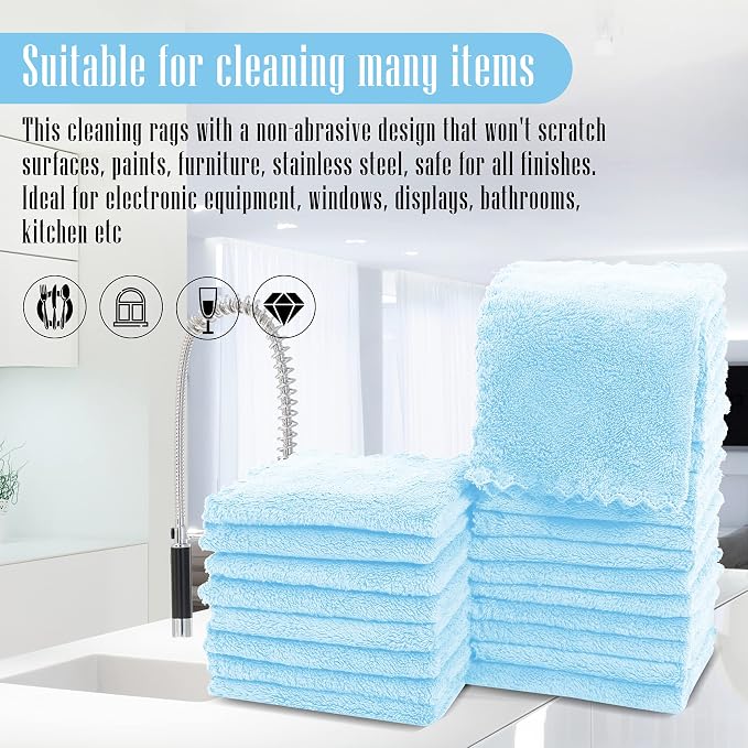 Sunny zzzZZ 24 Pack Kitchen Dishcloths - Does Not Shed Fluff - Reusable Dish Towels, Dish Cloths, Super Absorbent Coral Fleece Cleaning Cloths, Washable Fast Drying, 10 x 10 Inch (Aquamarine)