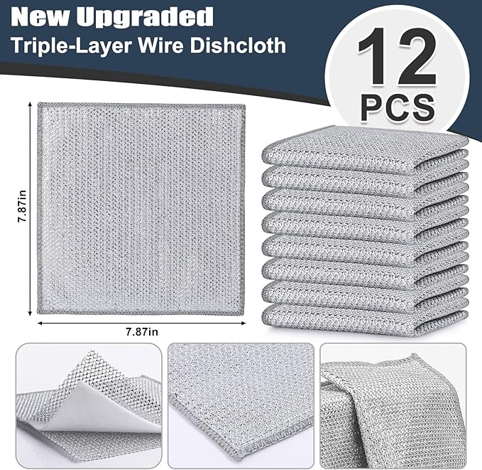 Navona 12 Pcs New Upgrade Steel Wire Dishcloth,Triple-Layer Steel Wire Cleaning Cloth,Powerful Cleaning Non-Scratch Wire Dishcloth Rag for Cookware, Sinks, Dishes, Stove Tops