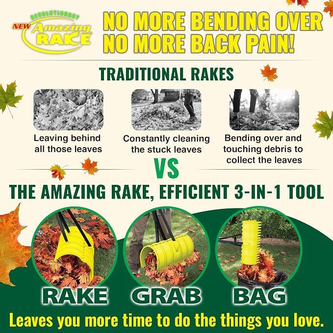 Back Saving Garden Rake ― Leaf Rakes for Gardening ― Leaf Picker Upper ― Heavy Duty Leaves Claw & Rakes Lawns Garden Tool ― Easy Leaf & Grass Grabber Without Bending Over ― Green