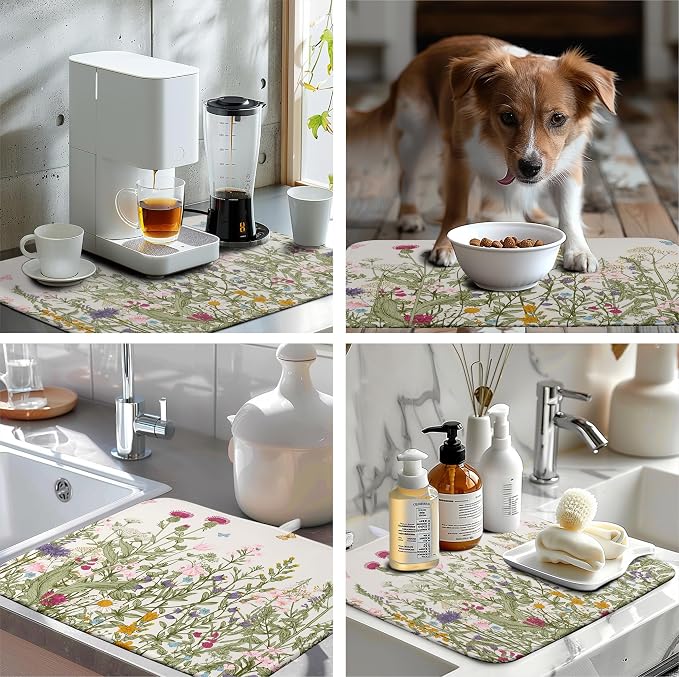 Wildflower Floral Dish Drying Mat for Kitchen Counter Vintage Rustic Flower Drying Mats Spring Summer Herb Plant Absorbent Microfiber Dishes Pad Washable Dish Draining Mat Extra Large 18"x24"