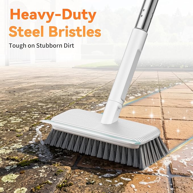 Leemone Floor Scrubber, Stainless Steel Wire Scrub Brush with Long Handle | Sturdy, with Squeegee, Deep Cleaning for Concrete, Patio, Driveway, Garage Floor, Pavers, Grout & Moss Removal