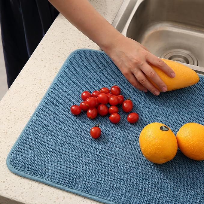 2 Pack Microfiber Dish Drying Mat for Kitchen Counter,Ultra Absorbent Dish Drainer Mat ,Dish Drying Pad ,Dish Rack Mat 20×15 Inch (Blue)