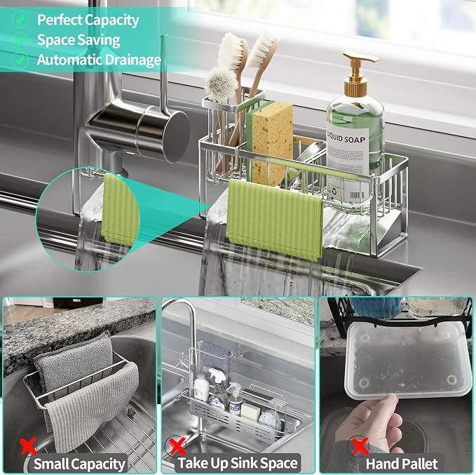 HapiRm Sponge Holder for Kitchen Sink - Self-draining Sink Caddy with Brush and Dishcloth Holders with Sloping Drainage - Silver