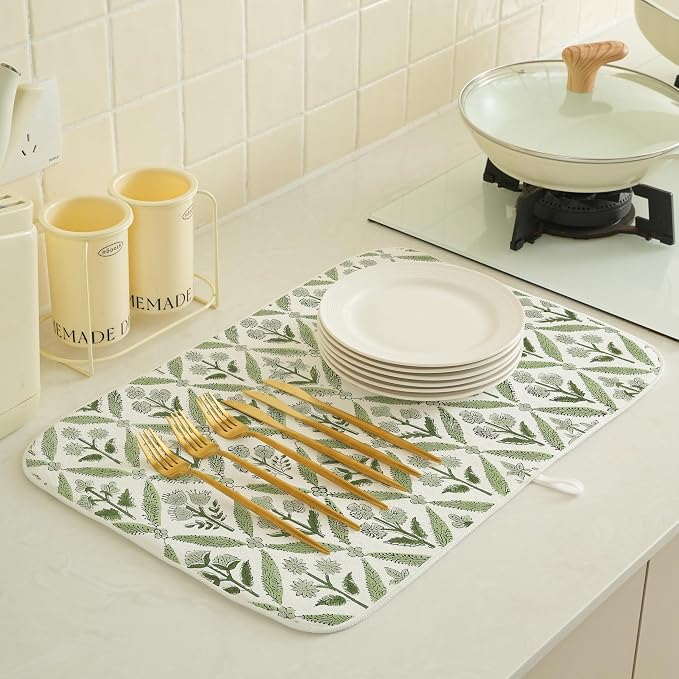 Boho Dish Drying Mat 18x24 Inches For Kitchen Counter Block Print Green Floral Kitchen Decoration Drying Mat Modern Decorative Flower Drying Pad Mat for Home Kitchen Decor,Dining Room,Office
