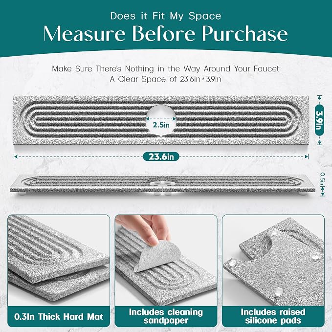 Eormoe Stone Kitchen Sink Faucet Mat, Premium Upgraded Food Grade Diatomite Drying Stone Tray & Splash Guard, Fast Drying Sink Protector for Kitchen Counter, Dishwasher Safe (23.6" x 3.9")