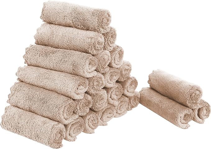 Sunny zzzZZ 24 Pack Kitchen Dishcloths - Does Not Shed Fluff - Reusable Dish Towels, Dish Cloths, Super Absorbent Coral Fleece Cleaning Cloths, Nonstick Oil Washable Fast Drying, 10 x 10 Inch (Brown)