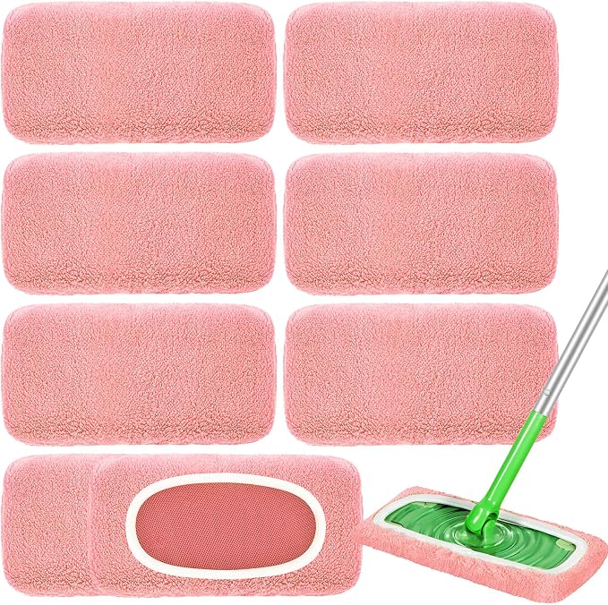 8 Pack Reusable Mop Pads Compatible with Swiffer Sweeper, Coral Fleece Washable Swiffer Mop Pads, Dry & Wet Sweeping Mopping Cloths (Pink, Not Included Mop)