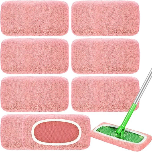8 Pack Reusable Mop Pads Compatible with Swiffer Sweeper, Coral Fleece Washable Swiffer Mop Pads, Dry & Wet Sweeping Mopping Cloths (Pink, Not Included Mop)
