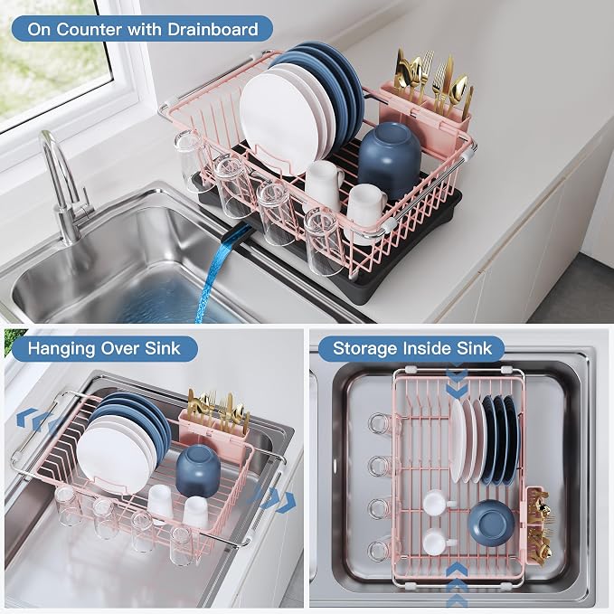 JASIWAY Pink Dish Drying Rack in Sink, Expandable Stainless Steel Dish Drainers with Drainboard for Kitchen Counter, Space Saving Dish Dryer Rack, Over The Sink Dish Racks with Utensil Holder