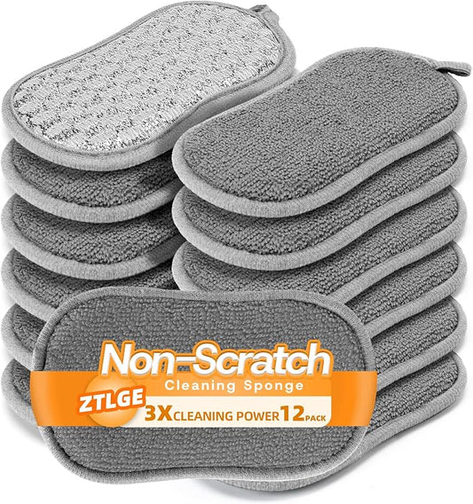 Multi-Purpose Scrub Kitchen Sponges – 12 Pack Dish Sponge, Dual-Sided Non-Scratch Microfiber & Metal Scrubber, Reusable Sponges for Dishes, Pots, Glass, Sink, Stovetop & Bathroom (Gray)