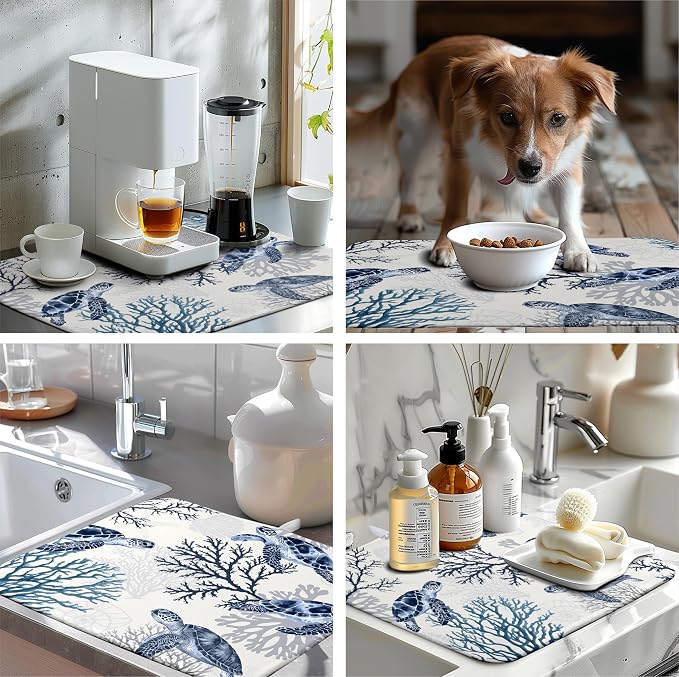 Summer Nautical Coastal Dish Drying Mat for Kitchen Counter Ocean Coral Sea Turtle Drying Rack Mats Beach Blue Dishes Drainer Mat Absorbent Microfiber Large Dish Draining Pad 18x24 Inch