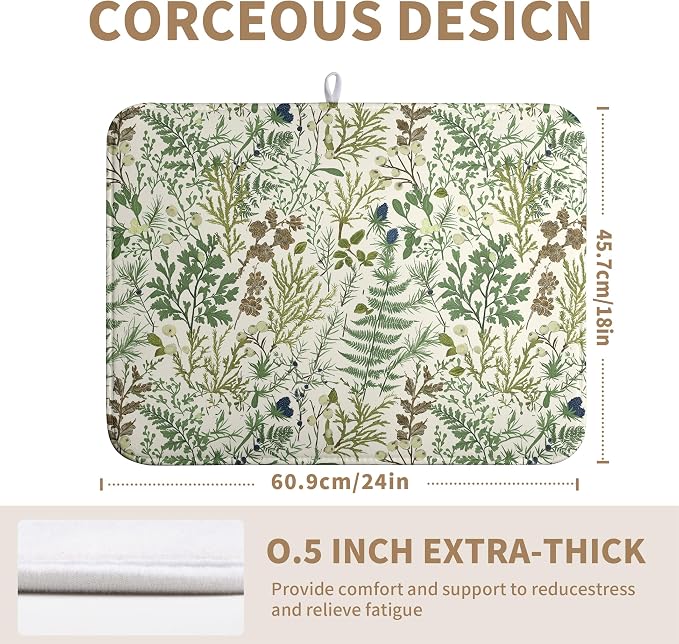 Sage Green Botanical Floral Dish Drying Mat for Kitchen Counter Vintage Herbs Fern Leaves Plant Drying Mats Absorbent Microfiber Dishes Drainer Mats Washable Dish Draining Pad Extra Large 18"x24"