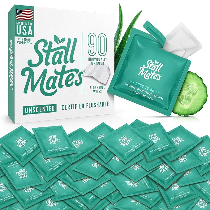 Stall Mates - Flushable Wipes, Individually Wrapped, Travel Friendly, Unscented with Cucumber, Vitamin-E & Aloe (90 on-the-go singles) BULK PACK