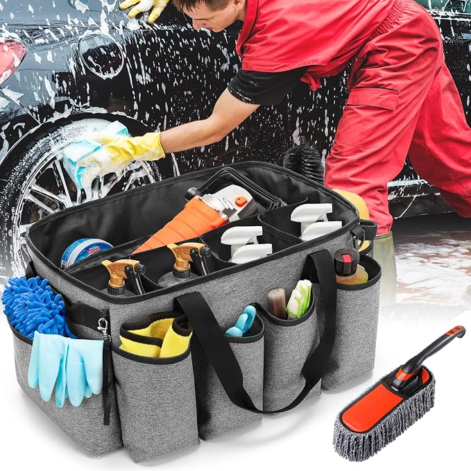 HODRANT Detailing Bag with Polisher Carry Bag for Buffer Bottle Towel | Large Detail Care Box for Auto Detailing Supplies, Car Wash Caddy & Trunk Organizer for Cleaning Kit, Gray, Patent Design