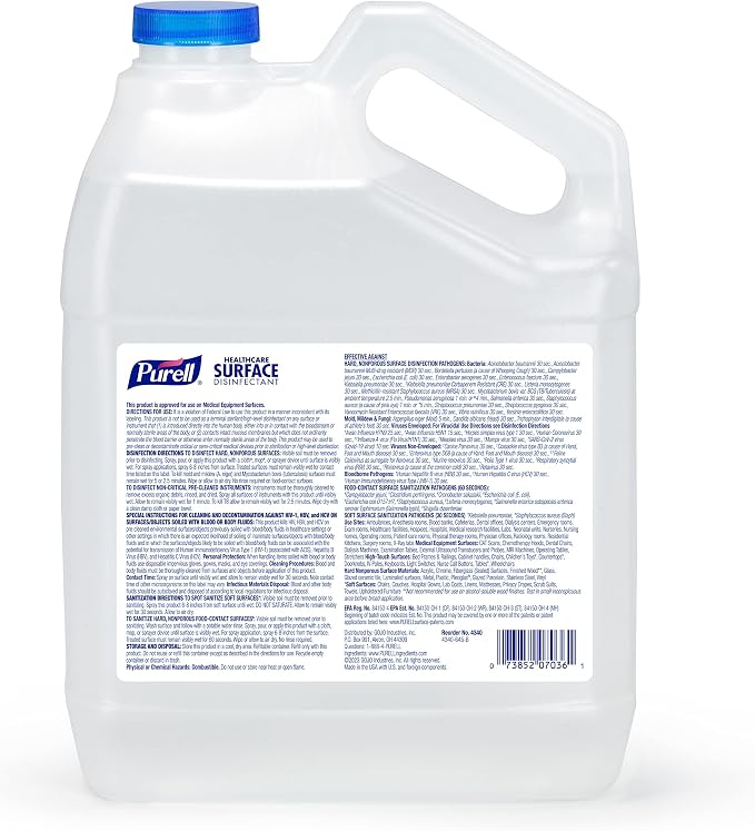 Purell Healthcare Surface Disinfectant, Fragrance Free, 1 Gallon Surface Disinfectant Pour Bottle Refill - 4340-04, 128.0 fl oz, Clear (Pack of 4)