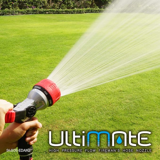 Eden 96806 Heavy-Duty Metal Fireman Hose Nozzle | 7 Spray Patterns, High-Pressure Garden Sprayer with Quick Connect Set & Bonus Washers