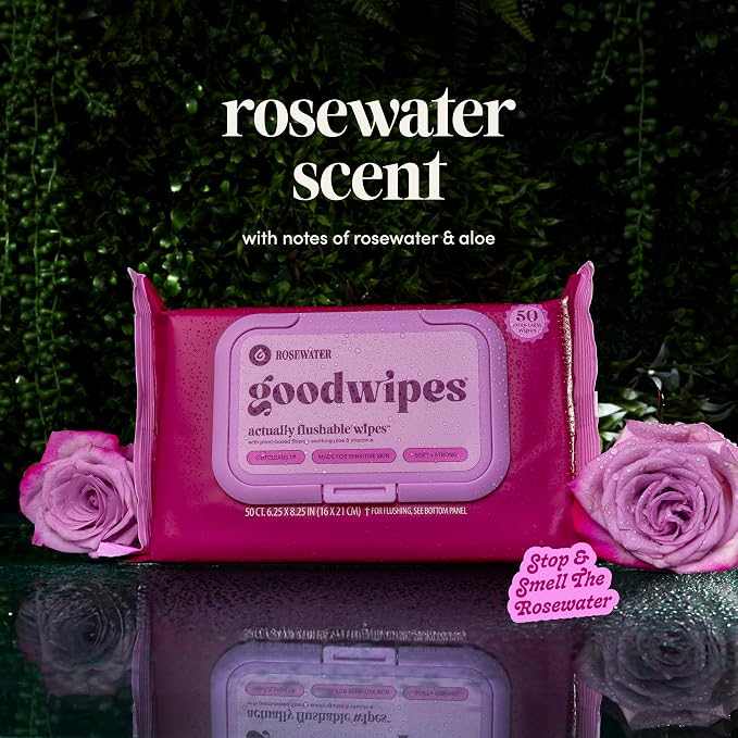 goodwipes Flushable Wipes - Rosewater Wet Wipes for Adults, Sewer & Septic Safe, Guest Bathroom Essentials for Women & Men, pH Balanced & Extra Large, 153 Count (3 Packs and 3 Singles)