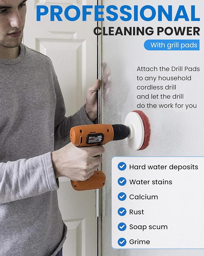 Bring It On Cleaner Hard Water Stain Remover 16 oz | Glass, Soap Scum Remover for Shower Glass, Fiberglass, Windows, Tile and Grout Cleaner, and Includes Scrubbing Drill Pads