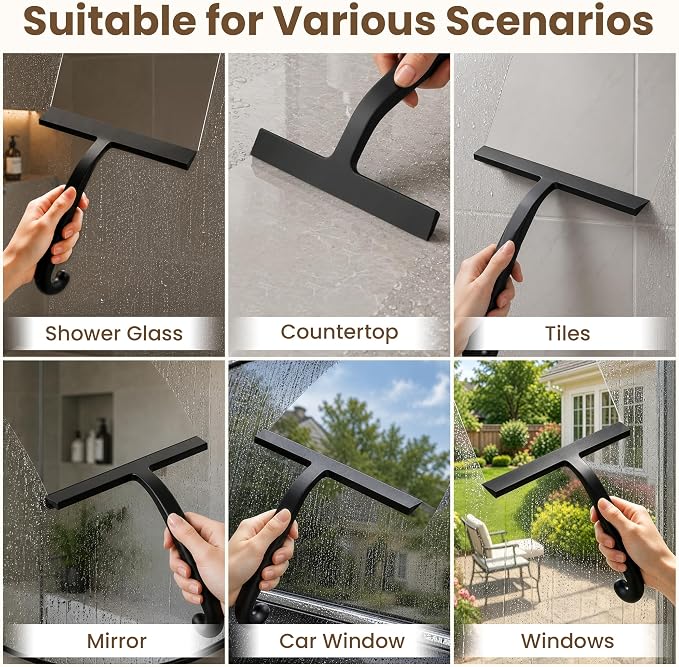 10 Inch Silicone Shower Squeegee for Glass Doors, Streak-Free, Black | No-Squeak Silicone Blade, Ergonomic Round Grip and Built-In Hook for Quick Daily Cleaning of Shower Glass, Tile and Windows