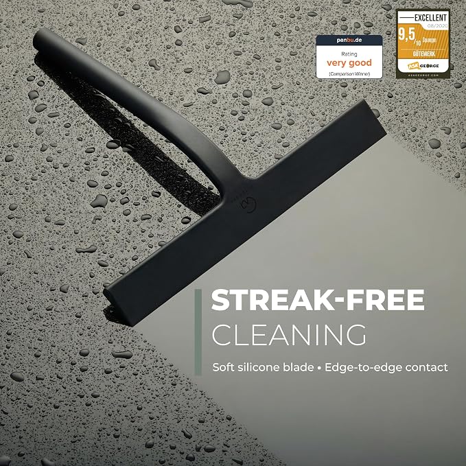 GÜTEWERK Silicone Shower Squeegee for Glass Doors & Mirrors with Stainless Steel Core, Streak-Free & No-Squeak Window Cleaning, 3-in-1 No-Drill Mount (Hook/Suction/Adhesive),Black, 15 Inches
